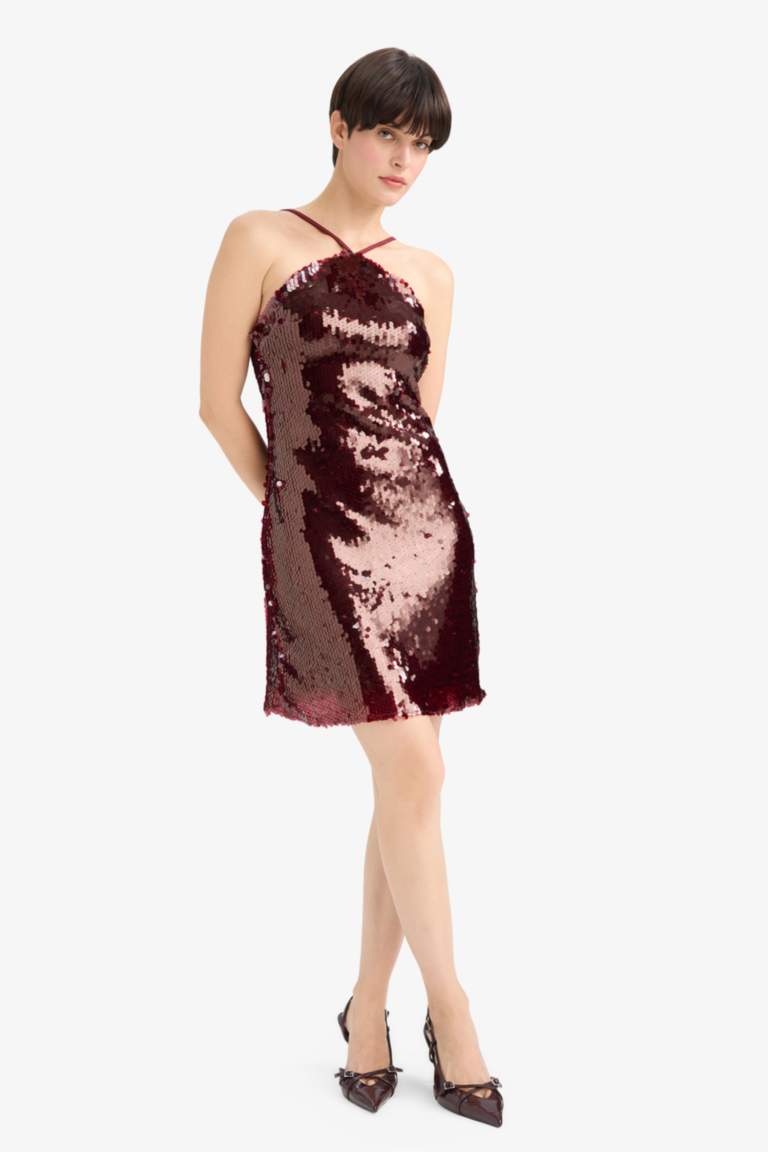 Fitted Halter Yaka Payetli Kumaş Kolsuz Mini Elbise