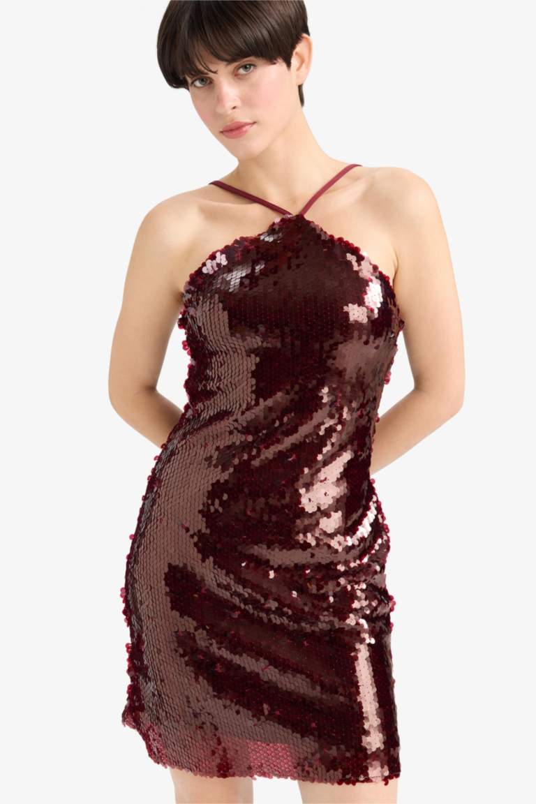 Fitted Halter Yaka Payetli Kumaş Kolsuz Mini Elbise