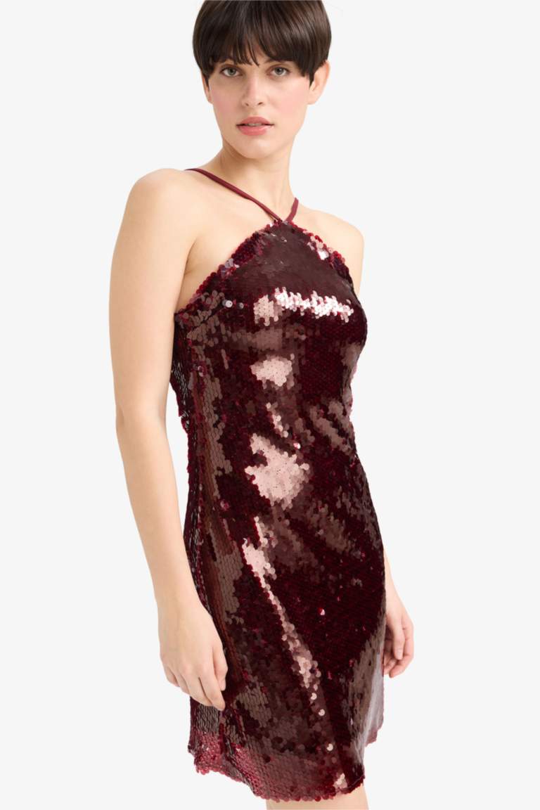 Fitted Halter Yaka Payetli Kumaş Kolsuz Mini Elbise