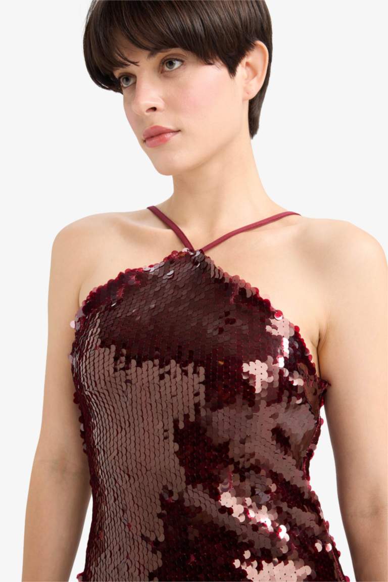 Fitted Halter Yaka Payetli Kumaş Kolsuz Mini Elbise