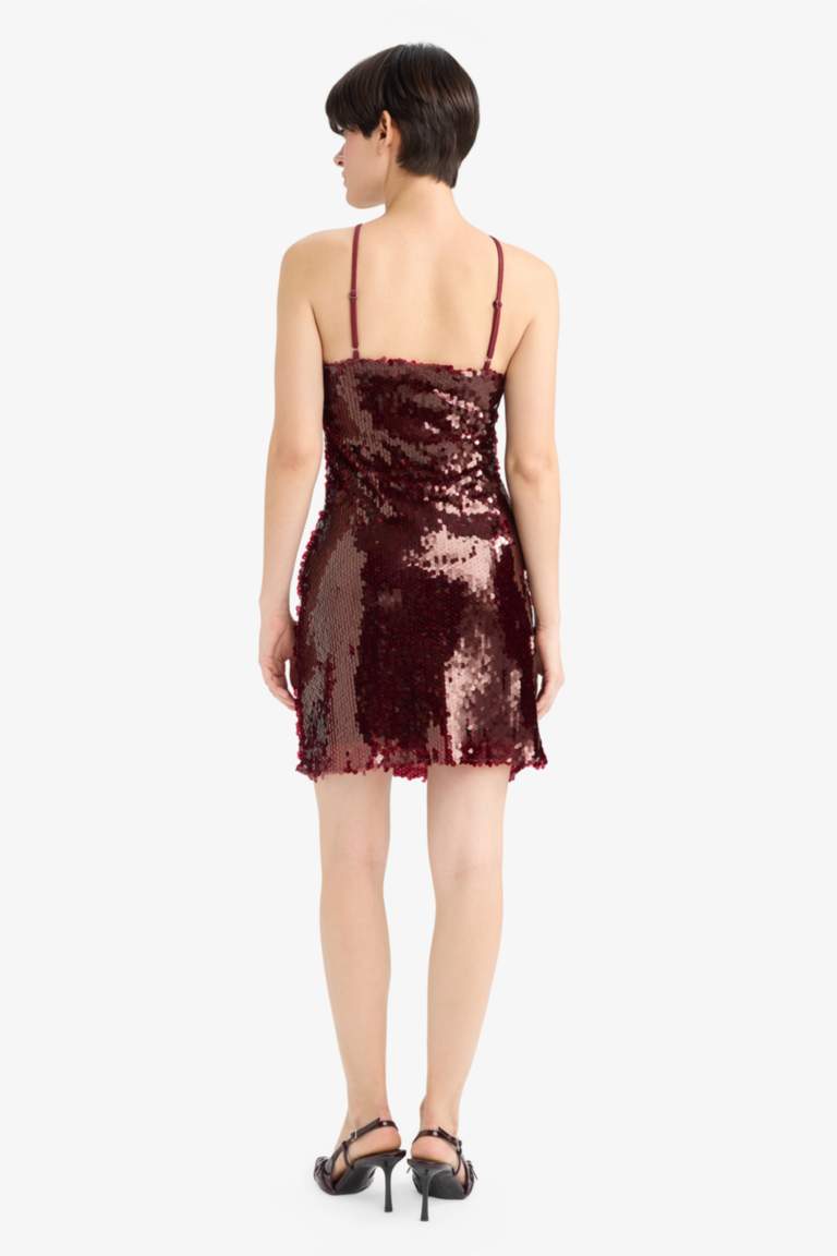 Fitted Halter Yaka Payetli Kumaş Kolsuz Mini Elbise