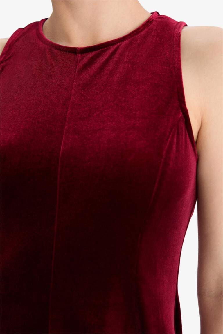 Bisiklet Yaka Kadife Kolsuz Mini Elbise