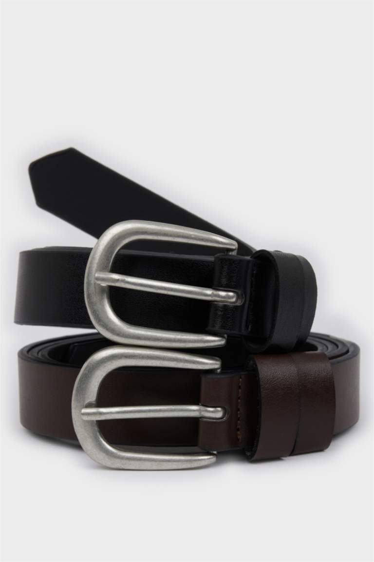 Erkek Oval Toka Suni Deri 2'li Klasik Kemer