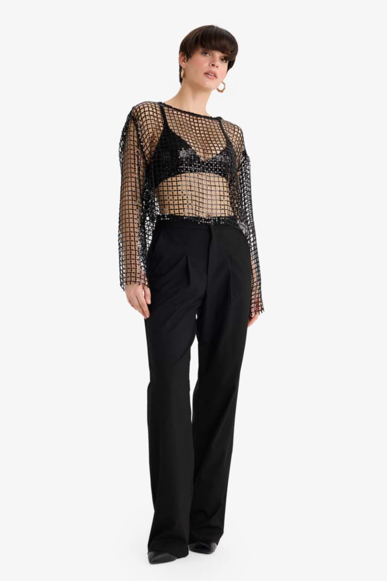 Overshirt Fit Bisiklet Yaka Payetli Kumaş Uzun Kollu Bluz