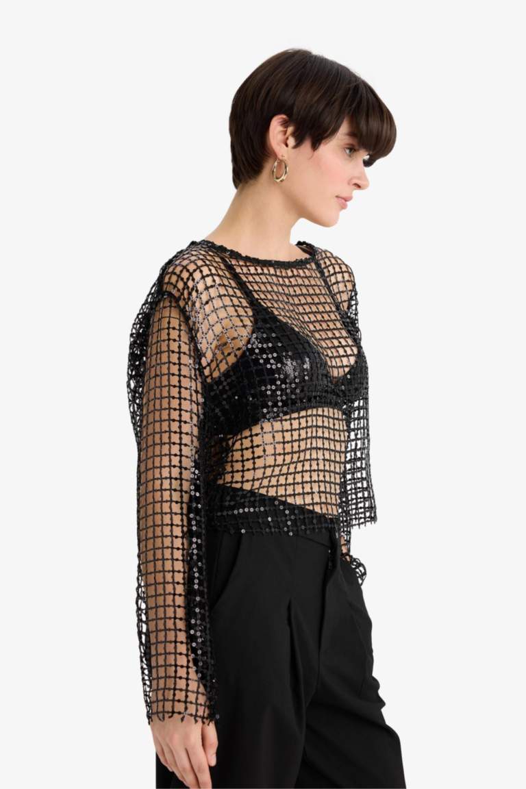 Overshirt Fit Bisiklet Yaka Payetli Kumaş Uzun Kollu Bluz