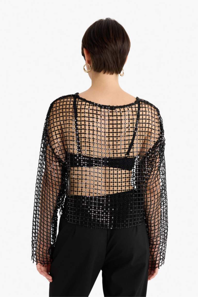 Overshirt Fit Bisiklet Yaka Payetli Kumaş Uzun Kollu Bluz