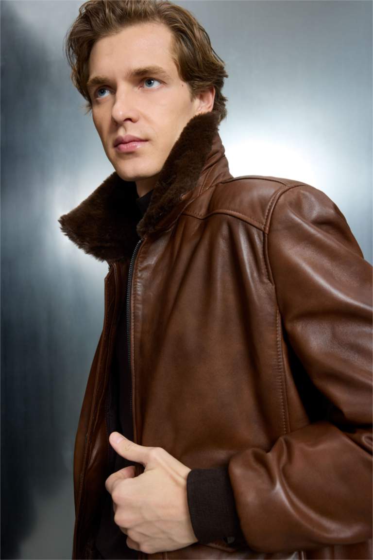 %100 Deri Premium Modern Fit Polo Yaka Astarlı Fermuarlı Mont