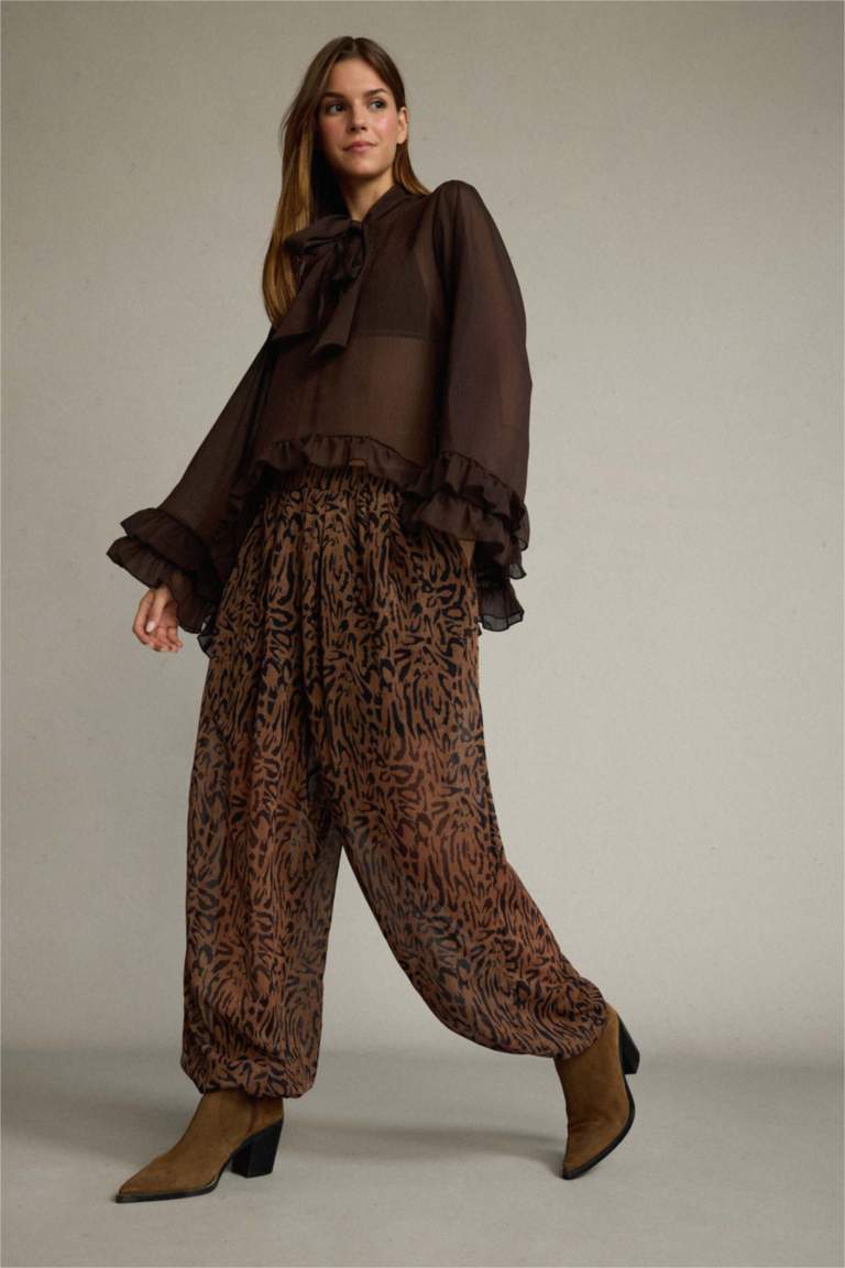 Relax Fit Normal Bel Leopar Desenli Şifon Pantolon