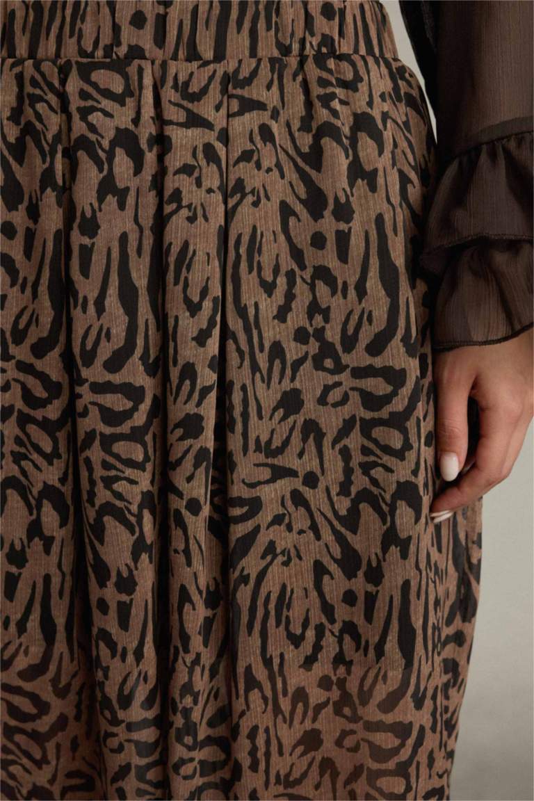 Relax Fit Normal Bel Leopar Desenli Şifon Pantolon
