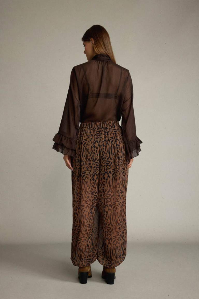 Relax Fit Normal Bel Leopar Desenli Şifon Pantolon