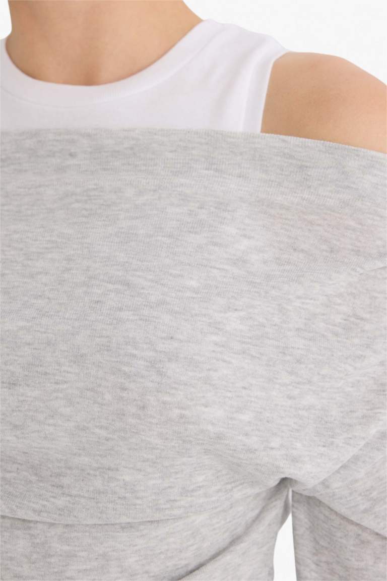 Slim Fit Dar Kesim Tek Omuzlu Çift Katmanlı Ribana Uzun Kollu Tişört