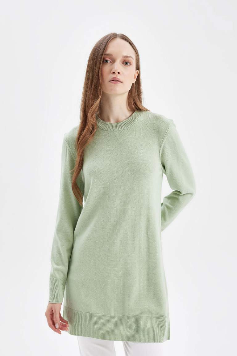 Regular Fit Crew Neck Slit Basic Knitted Pullover