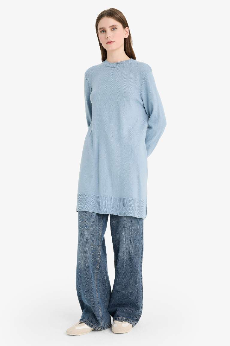 Regular Fit Bisiklet Yaka Yırtmaçlı Basic Düz Uzun Kollu Tunik