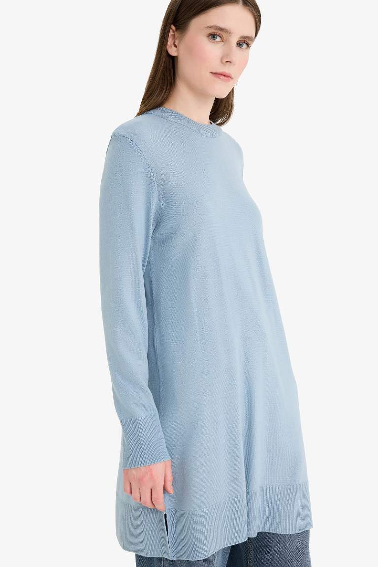 Regular Fit Bisiklet Yaka Yırtmaçlı Basic Düz Uzun Kollu Tunik
