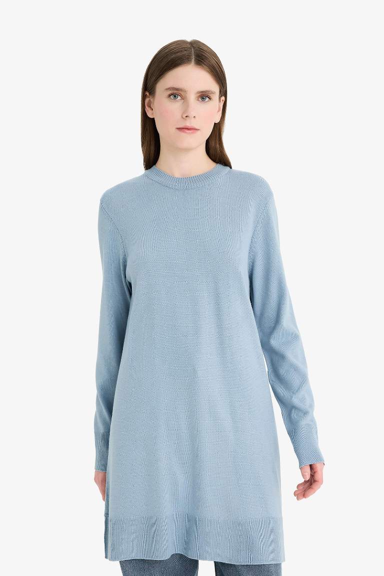 Regular Fit Bisiklet Yaka Yırtmaçlı Basic Düz Uzun Kollu Tunik