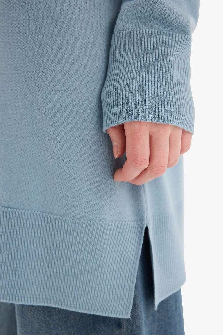 Regular Fit Bisiklet Yaka Yırtmaçlı Basic Düz Uzun Kollu Tunik
