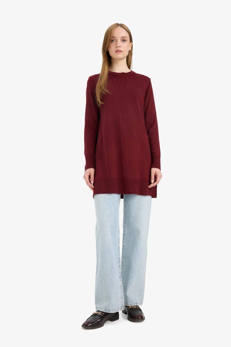 Regular Fit Bisiklet Yaka Yırtmaçlı Basic Düz Uzun Kollu Tunik
