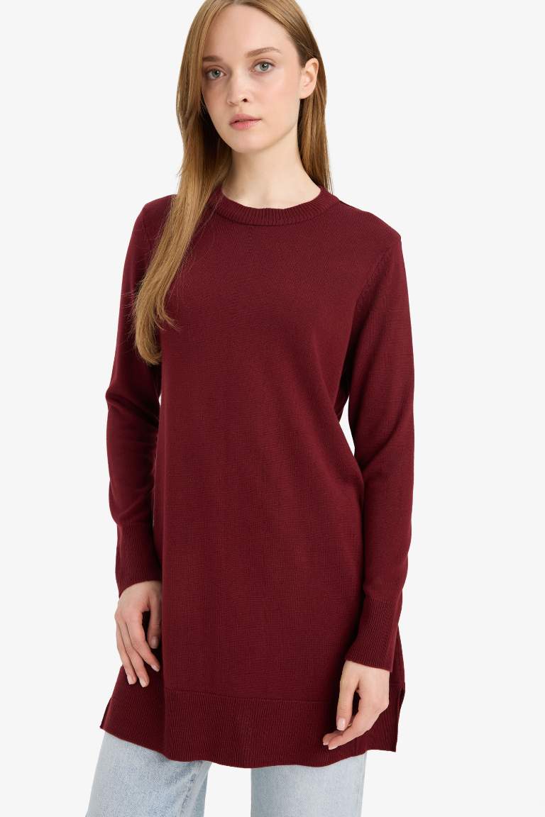 Regular Fit Bisiklet Yaka Yırtmaçlı Basic Düz Uzun Kollu Tunik
