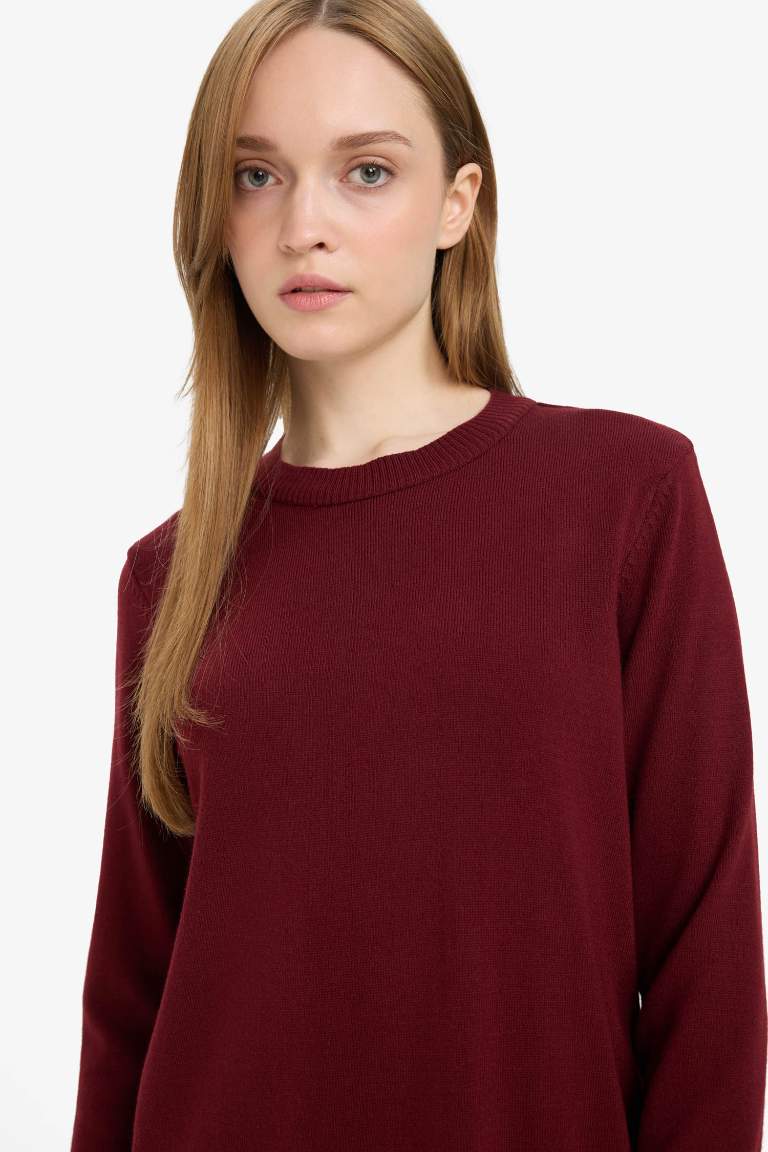 Regular Fit Bisiklet Yaka Yırtmaçlı Basic Düz Uzun Kollu Tunik