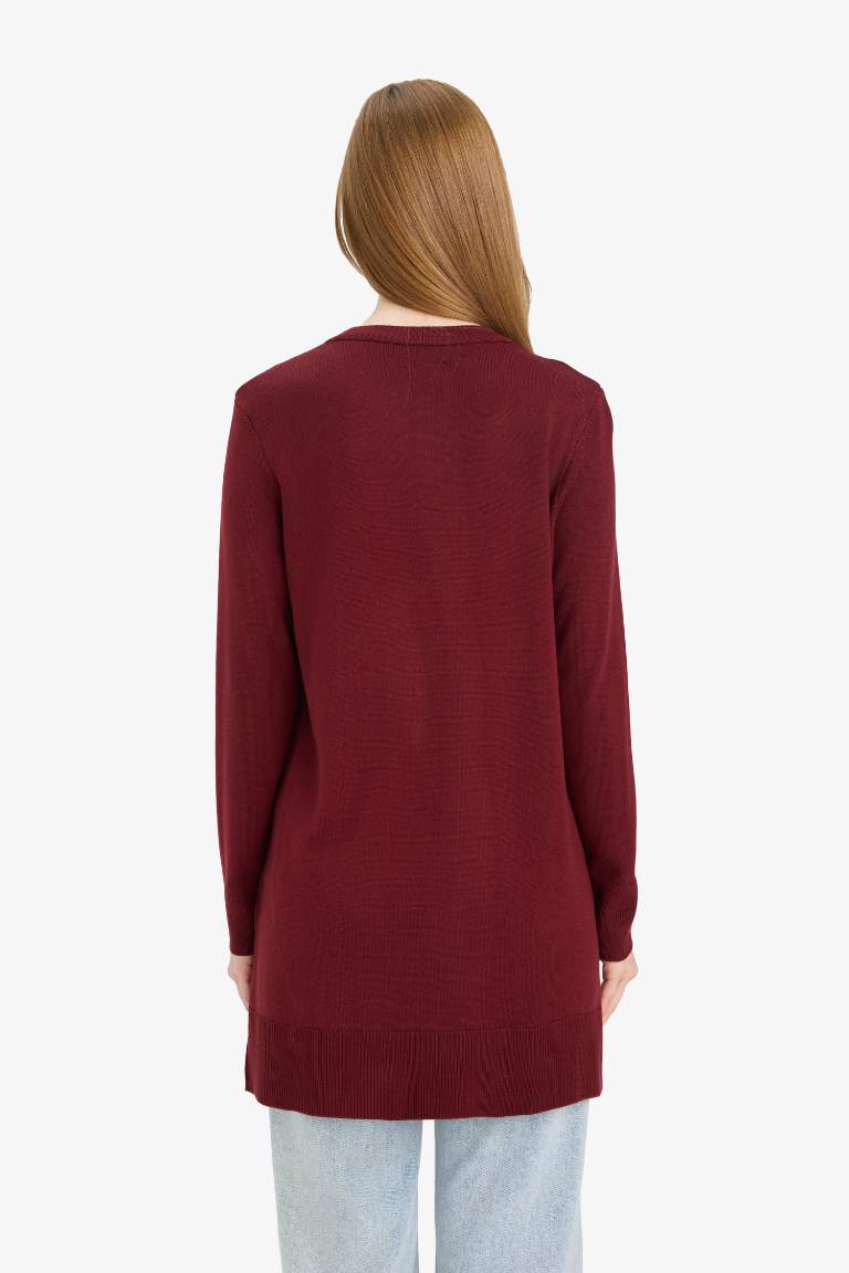 Regular Fit Bisiklet Yaka Yırtmaçlı Basic Düz Uzun Kollu Tunik