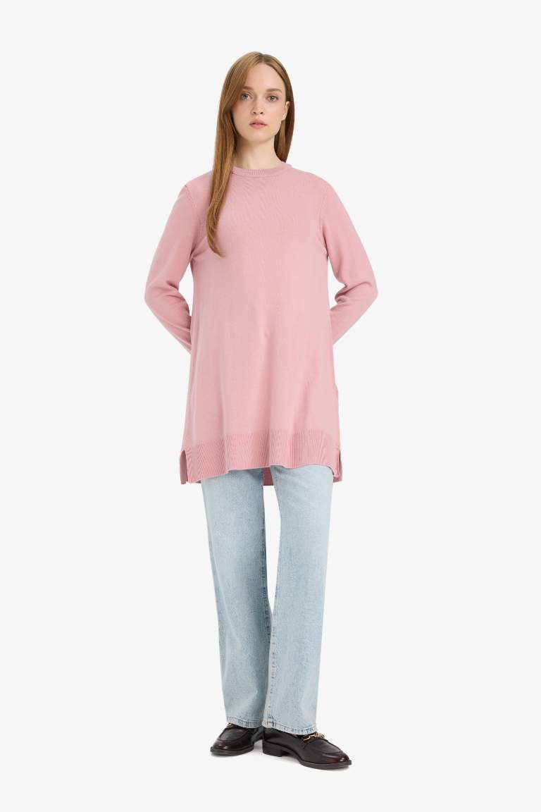 Regular Fit Bisiklet Yaka Yırtmaçlı Basic Düz Uzun Kollu Tunik