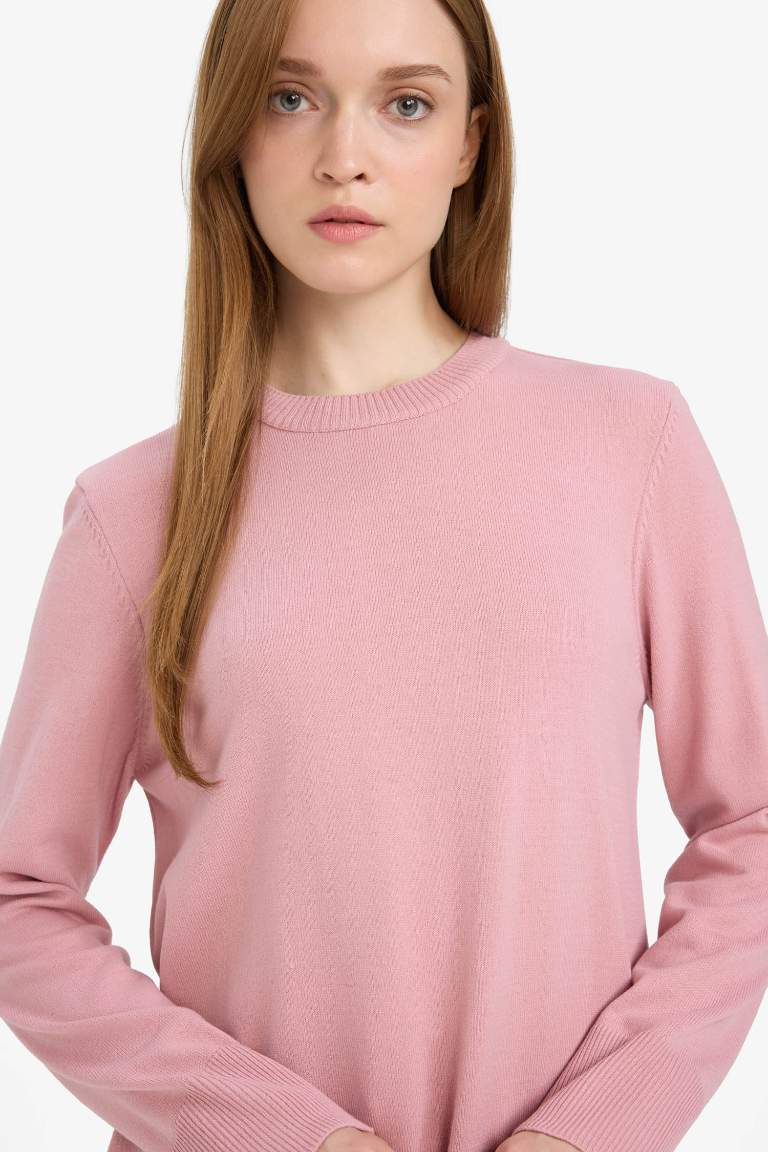 Regular Fit Bisiklet Yaka Yırtmaçlı Basic Düz Uzun Kollu Tunik