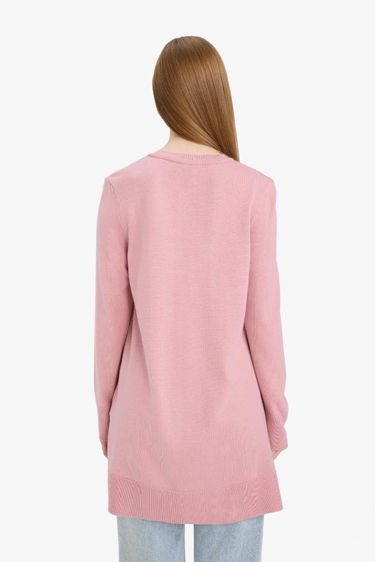 Regular Fit Bisiklet Yaka Yırtmaçlı Basic Düz Uzun Kollu Tunik