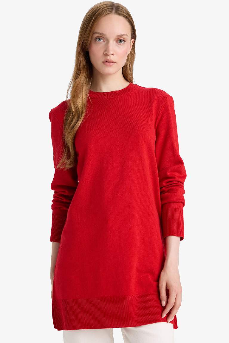 Regular Fit Bisiklet Yaka Yırtmaçlı Basic Düz Uzun Kollu Tunik