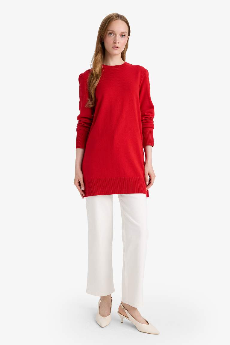 Regular Fit Bisiklet Yaka Yırtmaçlı Basic Düz Uzun Kollu Tunik