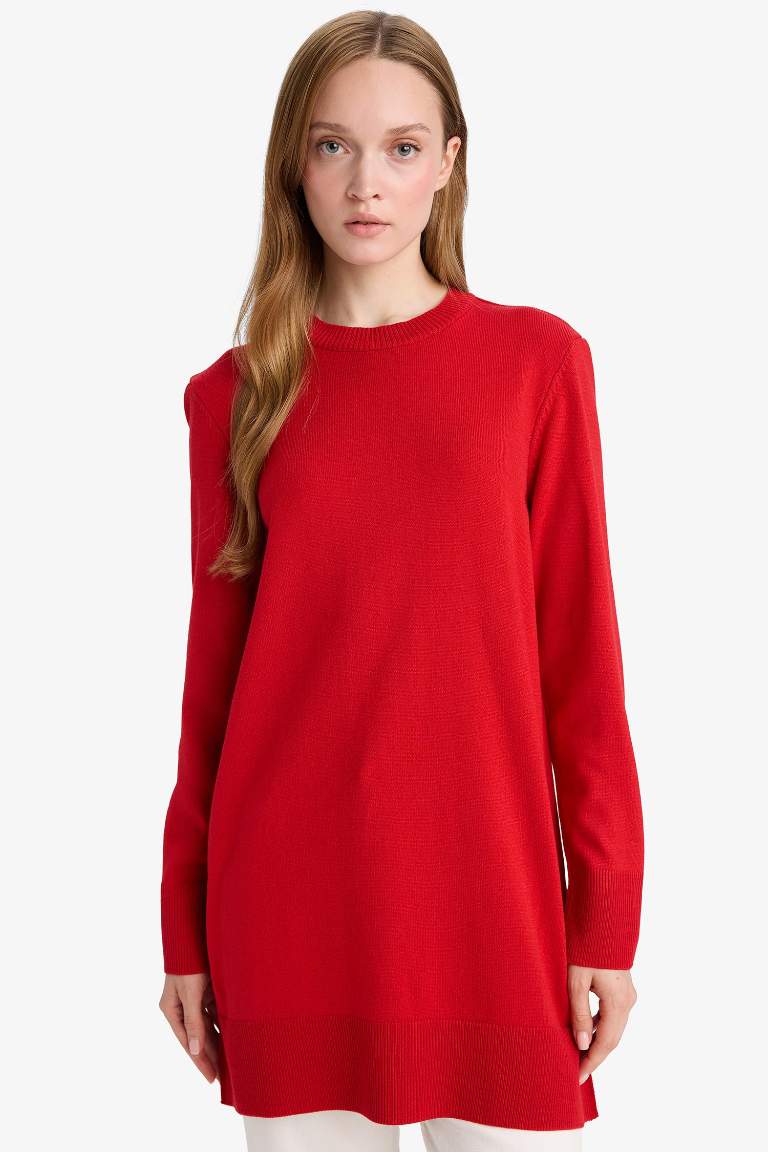 Regular Fit Bisiklet Yaka Yırtmaçlı Basic Düz Uzun Kollu Tunik