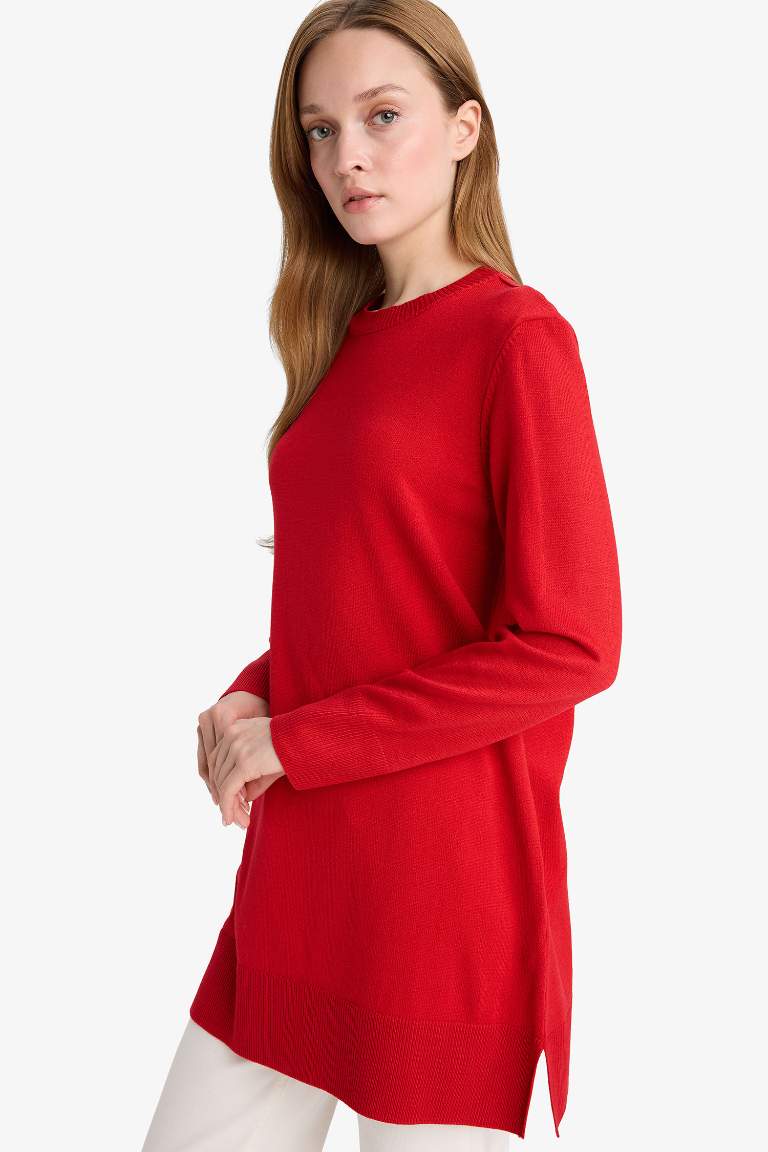 Regular Fit Bisiklet Yaka Yırtmaçlı Basic Düz Uzun Kollu Tunik