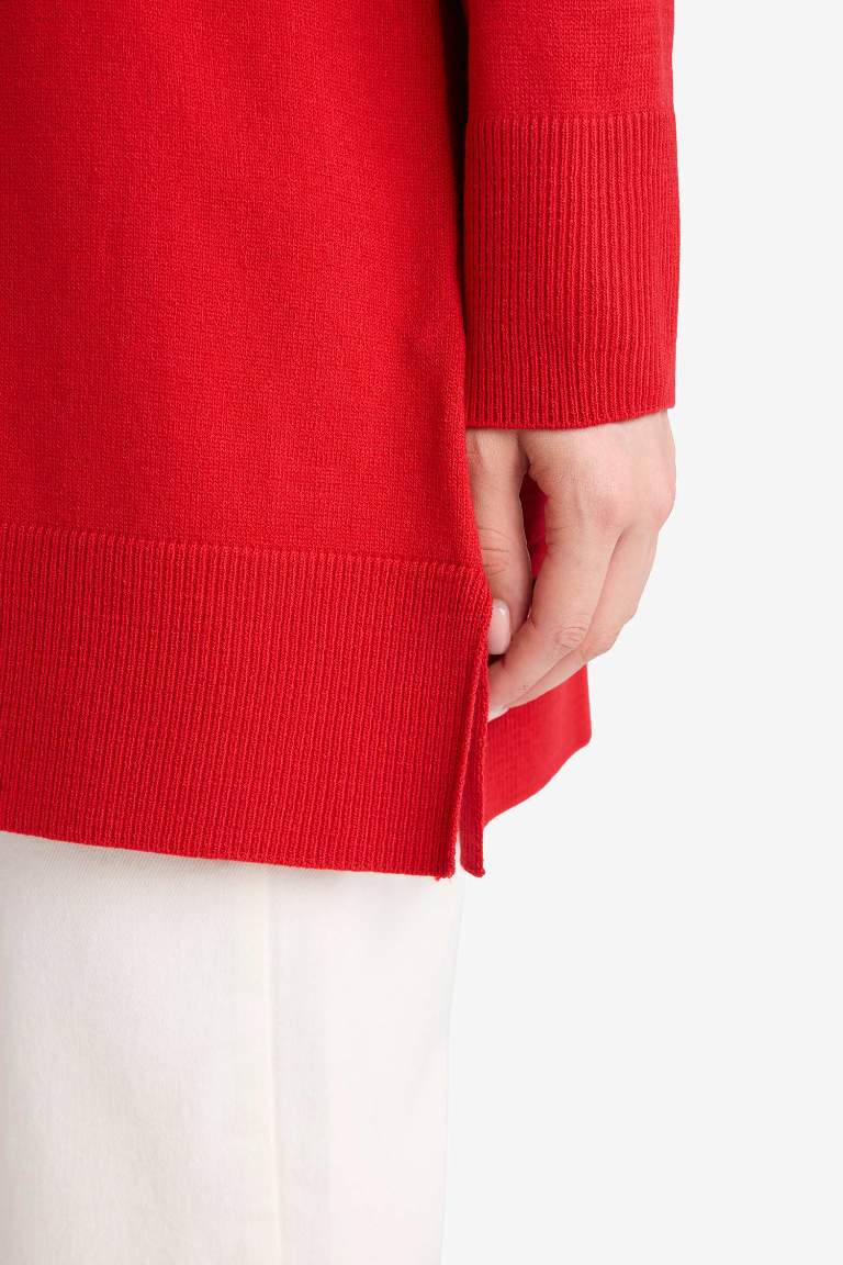 Regular Fit Bisiklet Yaka Yırtmaçlı Basic Düz Uzun Kollu Tunik