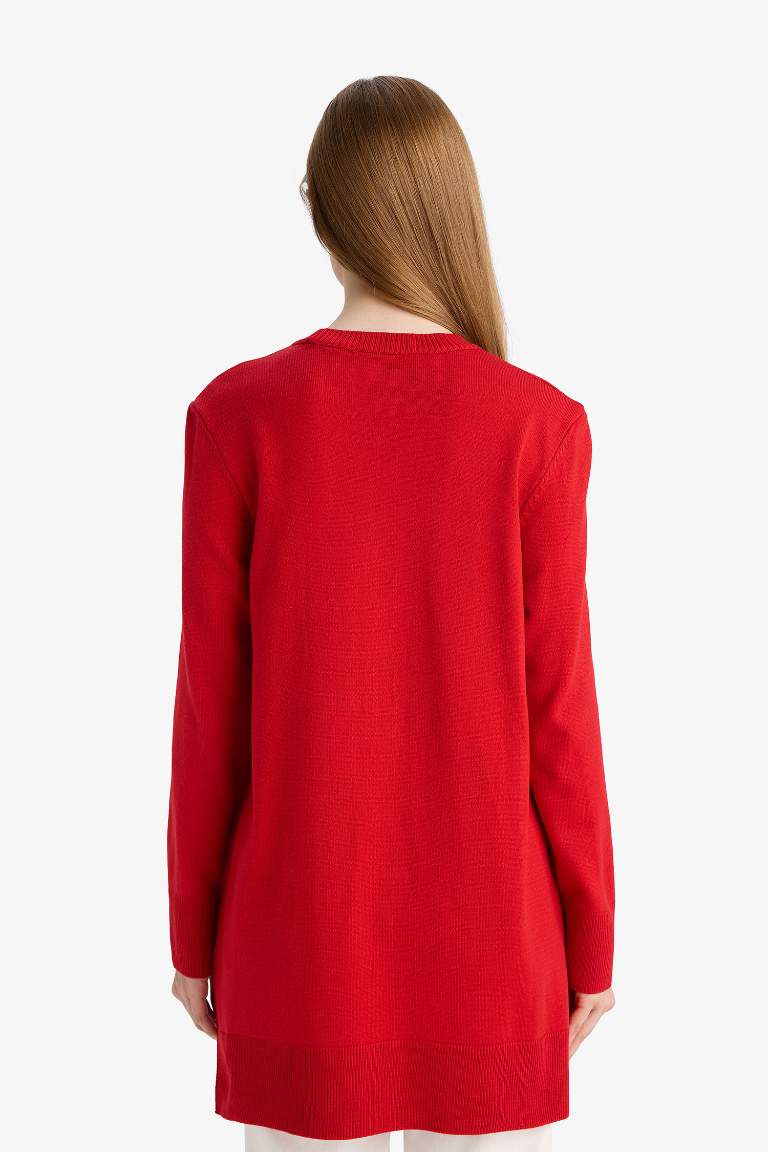 Regular Fit Bisiklet Yaka Yırtmaçlı Basic Düz Uzun Kollu Tunik