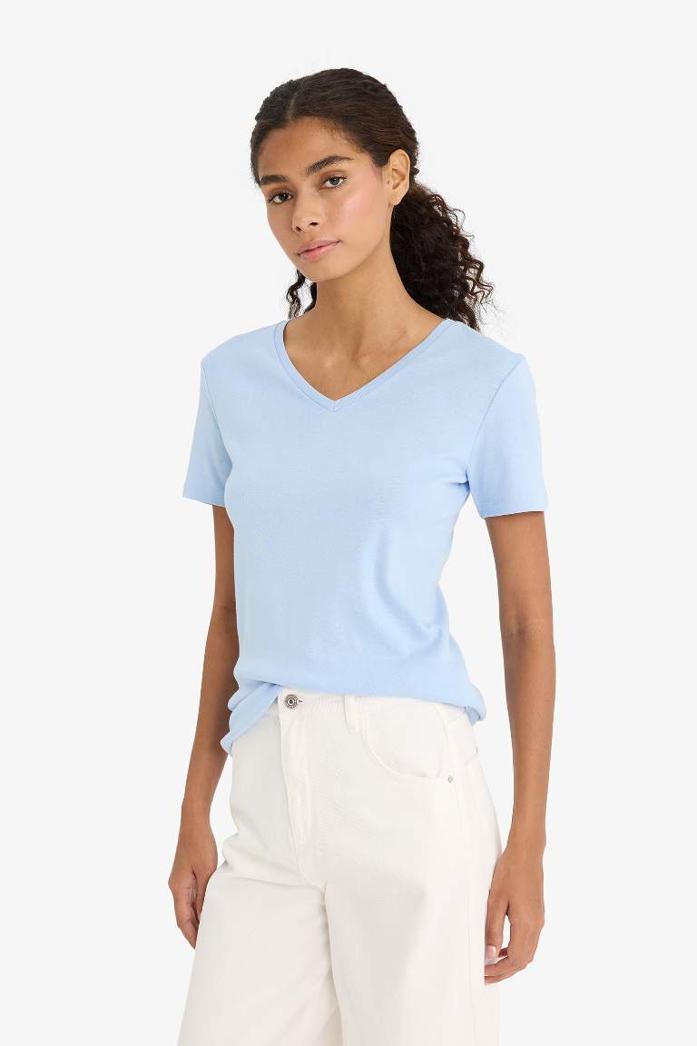 Slim Fit Dar Kesim V Yaka Basic Düz Ribana Kısa Kollu Tişört