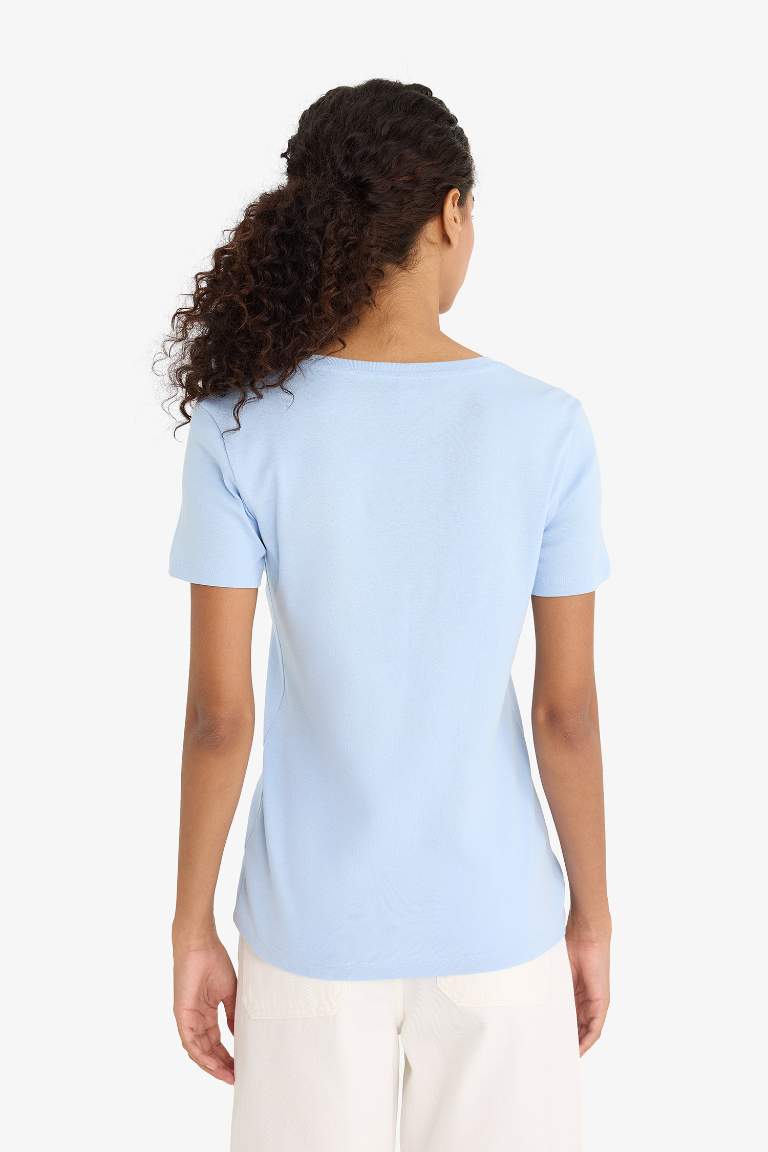 Slim Fit Dar Kesim V Yaka Basic Düz Ribana Kısa Kollu Tişört