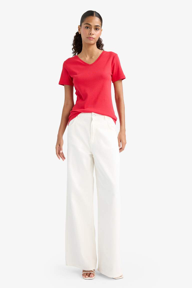 Slim Fit Dar Kesim V Yaka Basic Düz Ribana Kısa Kollu Tişört