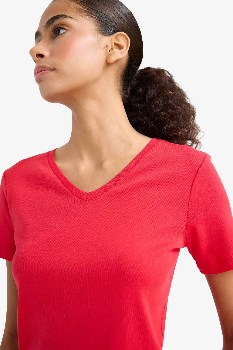 Slim Fit Dar Kesim V Yaka Basic Düz Ribana Kısa Kollu Tişört