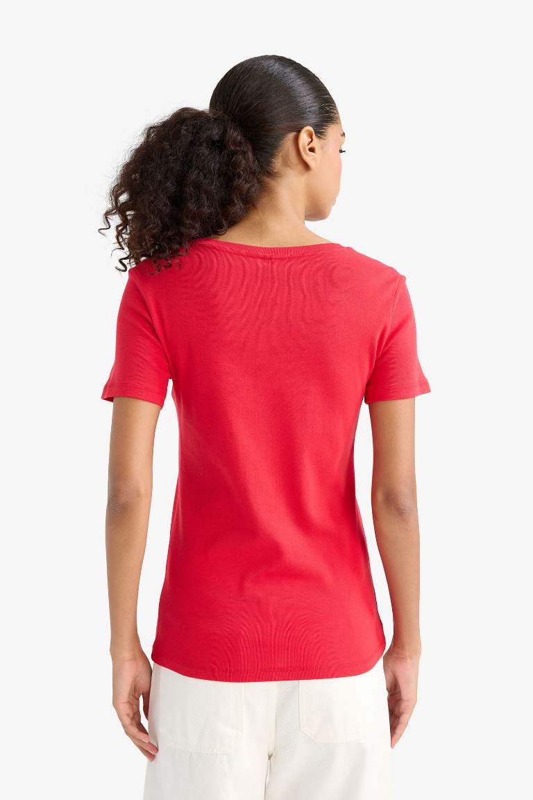 Slim Fit Dar Kesim V Yaka Basic Düz Ribana Kısa Kollu Tişört
