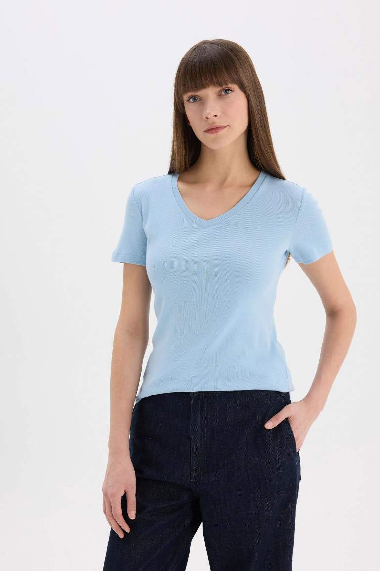 Slim Fit V-Neck Ribana Short Sleeve T-Shirt