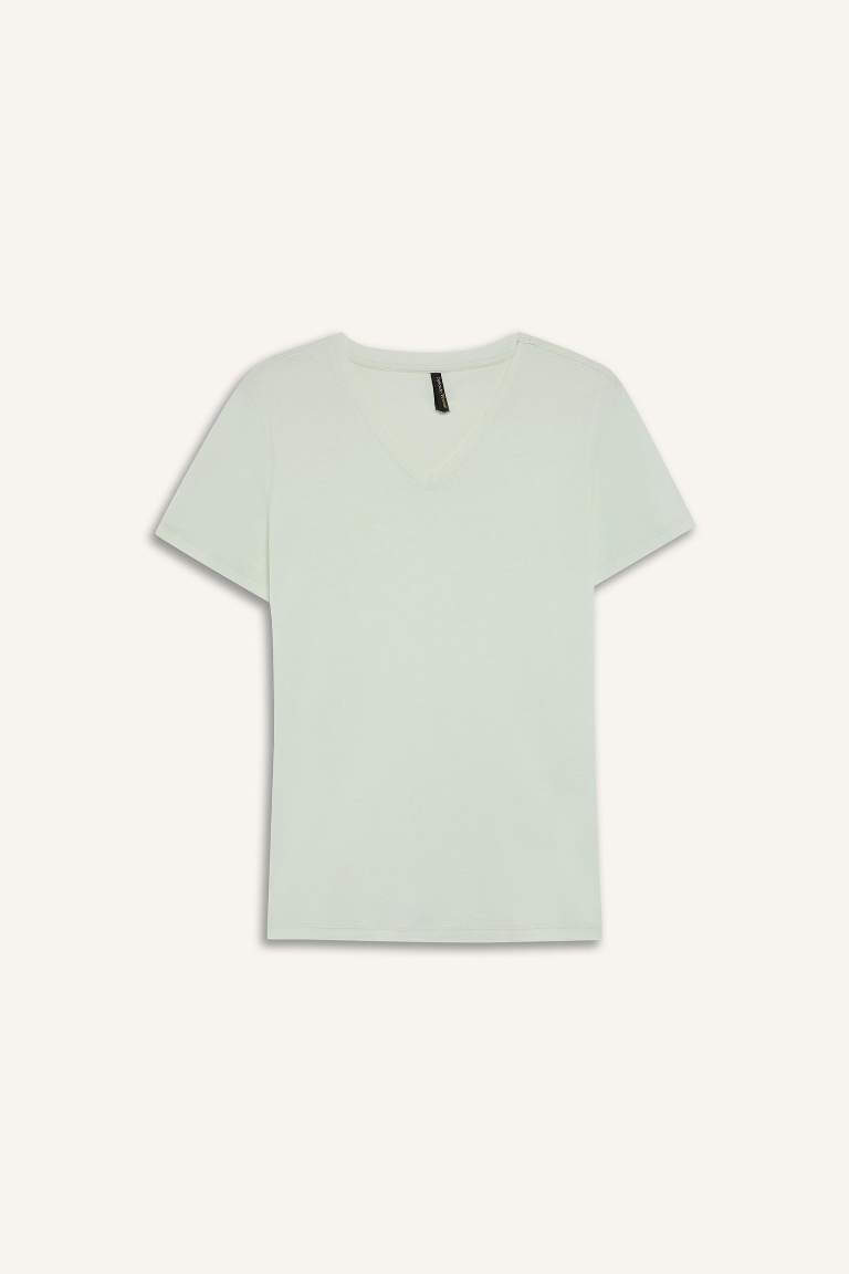 Slim Fit Dar Kesim V Yaka Basic Düz Ribana Kısa Kollu Tişört