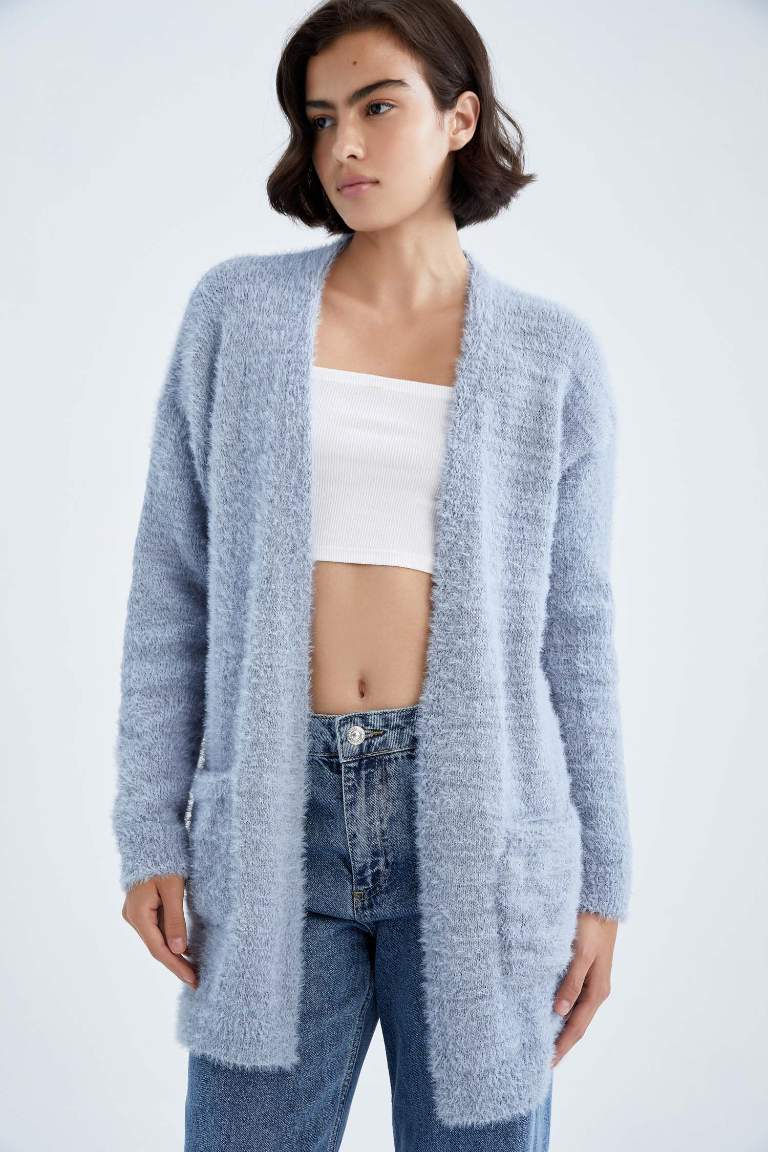 Blue WOMAN Regular Fit V Neck Pocket Detailed Plush Knitwear Cardigan ...