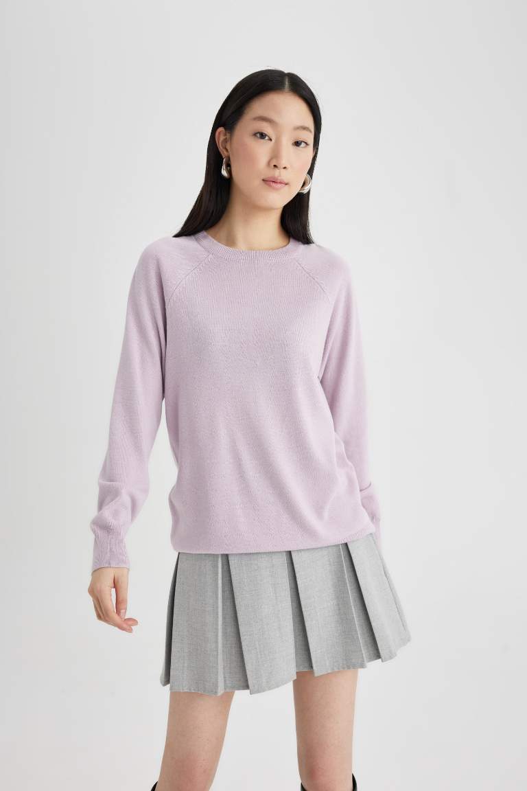Regular Fit Yumuşak Dokulu Bisiklet Yaka Reglan Kol Basic Düz Triko Kazak