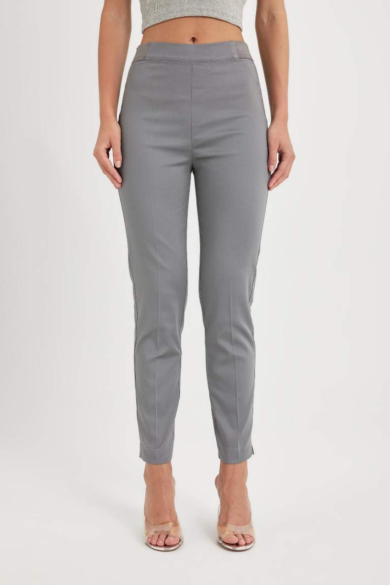 Sigaret Saten Pantolon Normal Bel Beli Lastikli Düz Paça Basic Düz