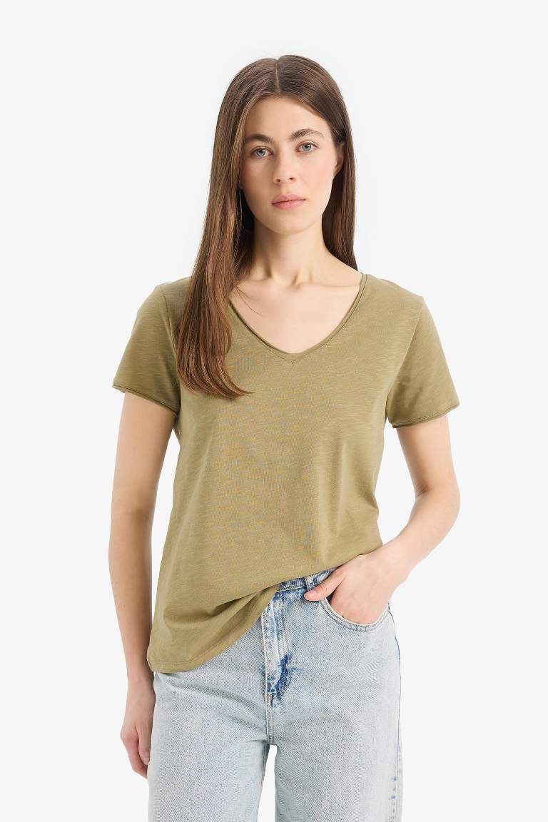 Regular Fit V Neck Basic Short Sleeve T-Shirt