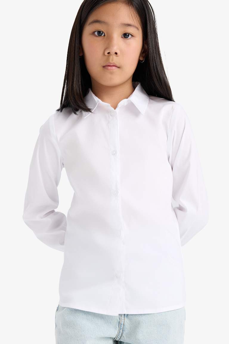Kız Çocuk Slim Fit Dar Kesim Bengalin Uzun Kollu Gömlek