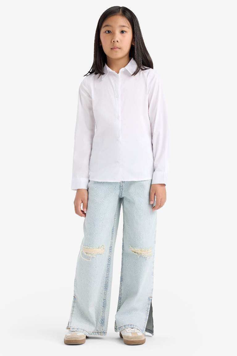 Kız Çocuk Slim Fit Dar Kesim Bengalin Uzun Kollu Gömlek