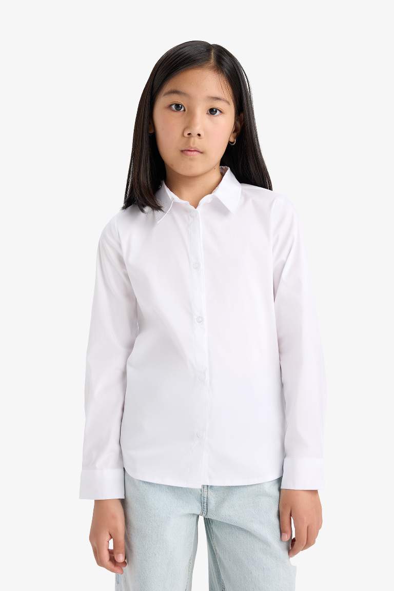Kız Çocuk Slim Fit Dar Kesim Bengalin Uzun Kollu Gömlek