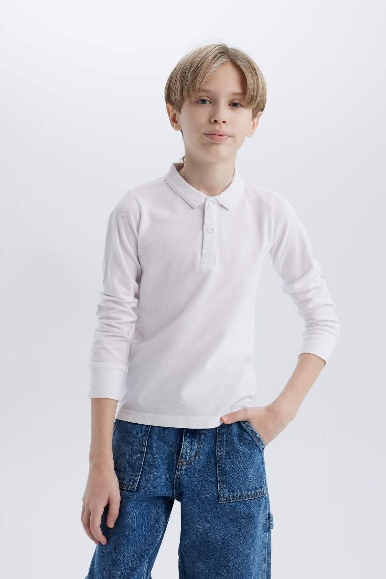 Boy Pique Basic Long Sleeve Polo T-Shirt