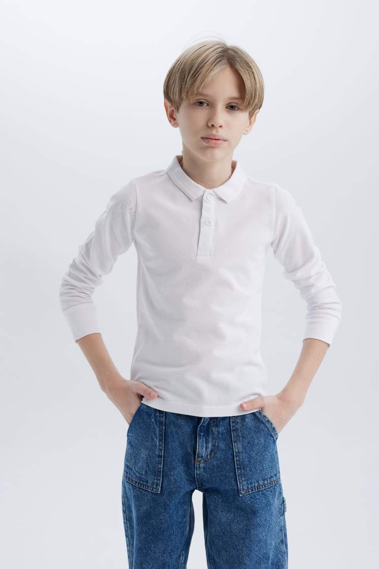 Boy Pique Basic Long Sleeve Polo T-Shirt