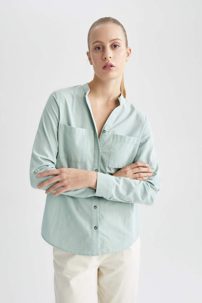 Turquoise WOMAN Regular Fit Long Sleeve Shirt 2390869 | DeFacto